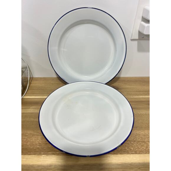 2 Vintage White w/ Blue Rim Enamel 9.5" Salad Plate Cottage Farmhouse Kitchen - Picture 1 of 9